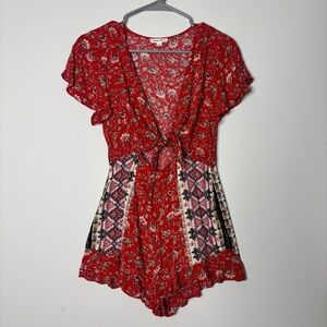 Cotton Candy LA Red Floral Tie-Front Cutout Ruffle Romper Small Bohemian